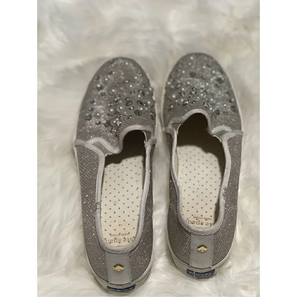 Kate spade Keds sneakers wedding Bridal silver beads pearl sparkly slip on 8